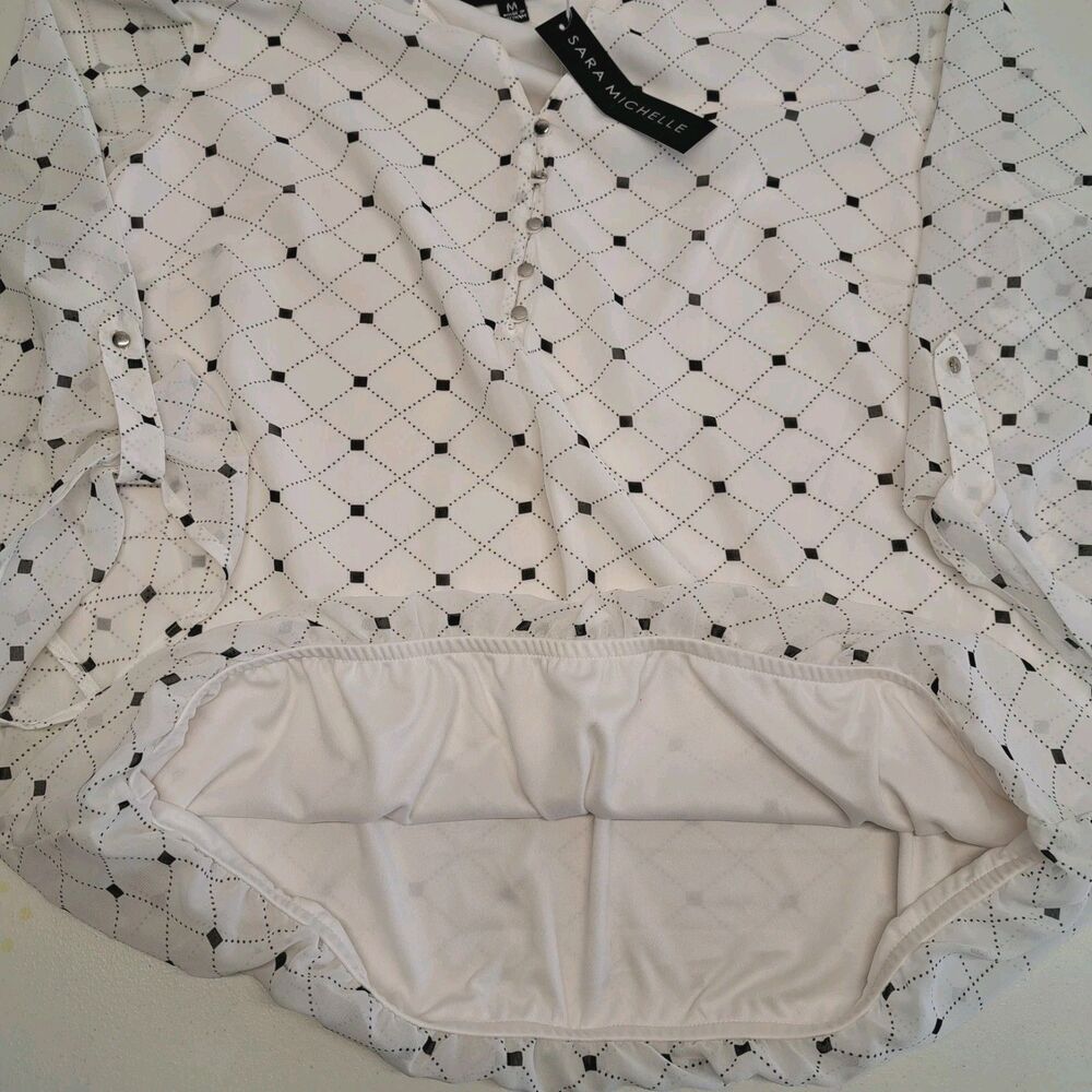 Sara Michelle Women's M Blouse Large White Black 3/4 Sleeve Roll Tab - Picture 8 of 8